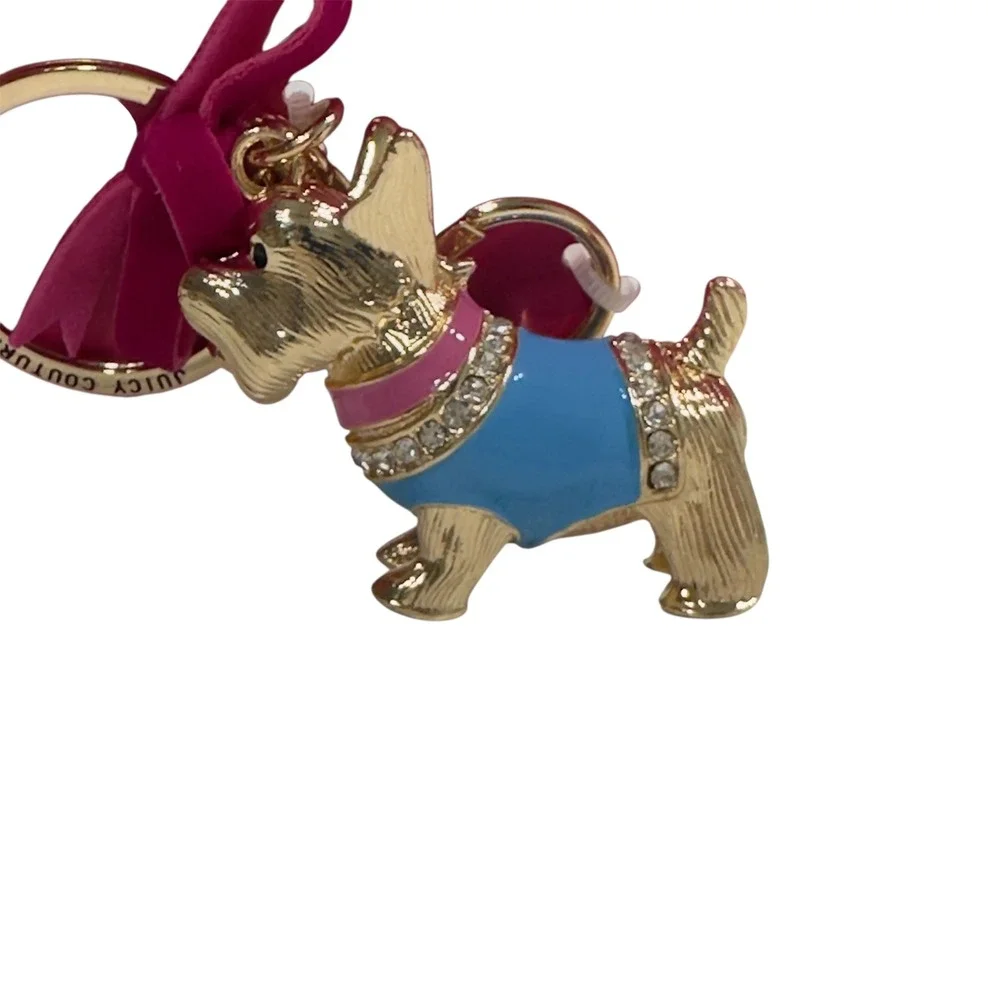 NEW Juicy Couture Scottie Dog Keychain Blue Enamel Pink Bow‎ Rhinestone